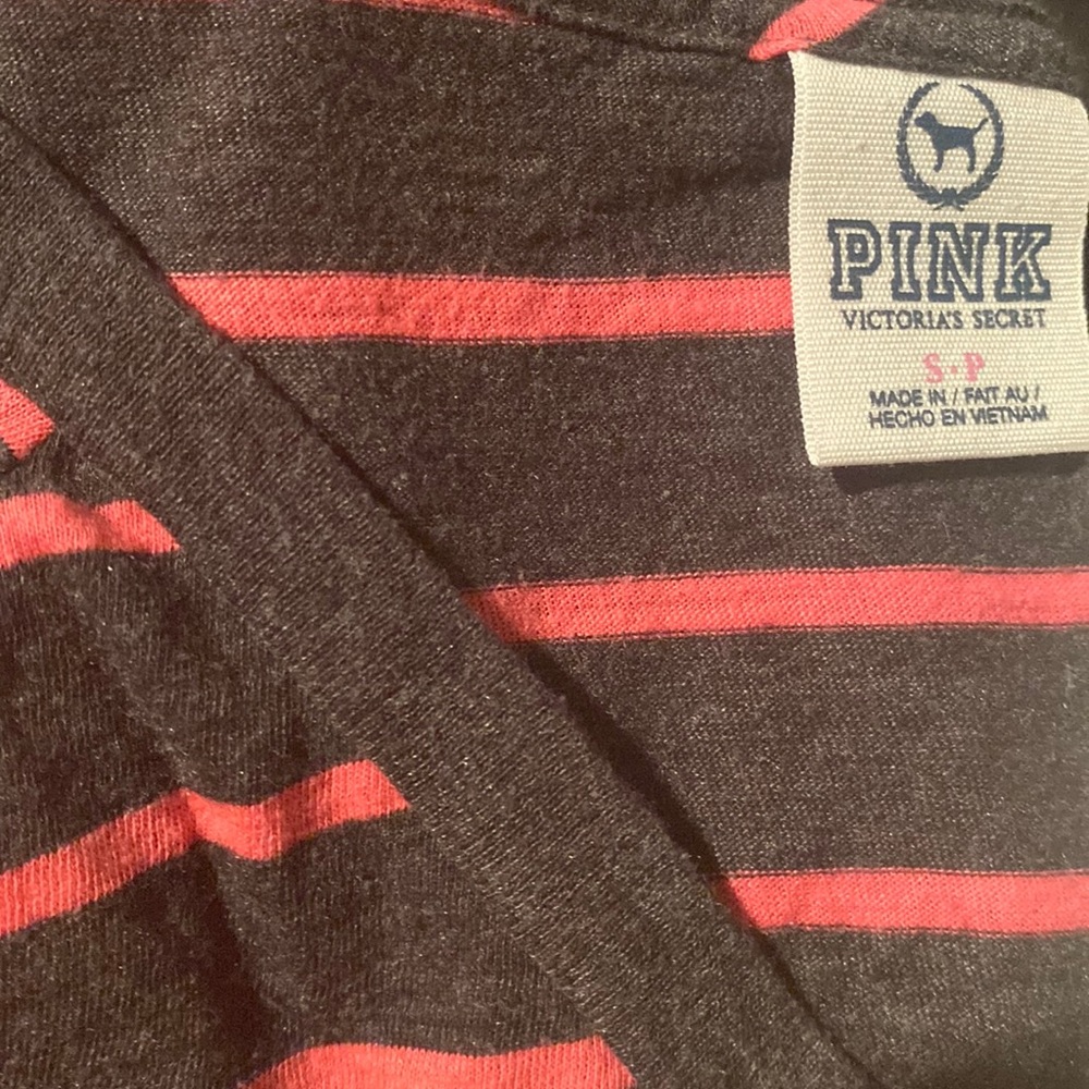 Pink Victorias Secret Small Pink Gray Striped Long Sleeve V-Neck Pullover Top